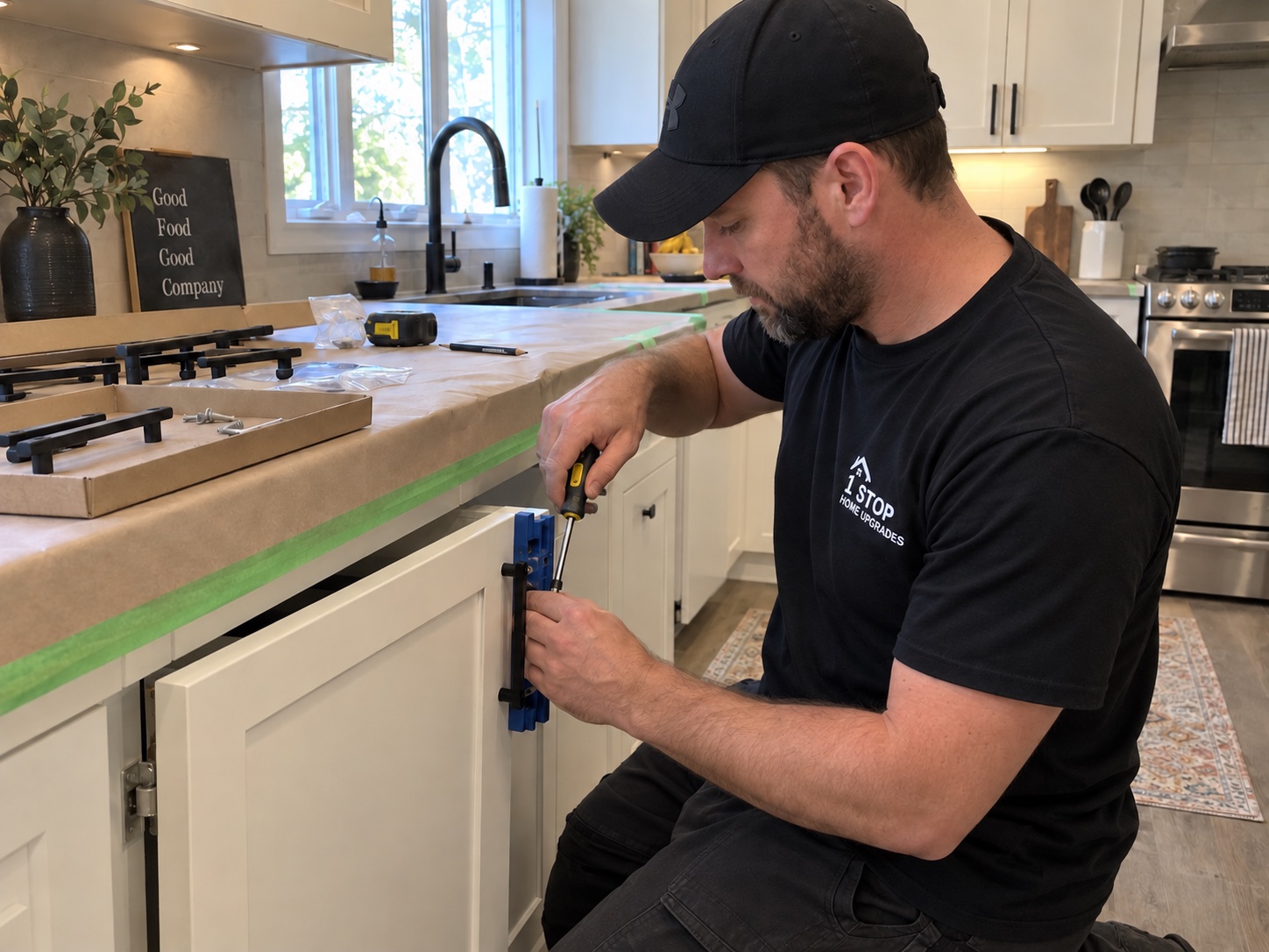 Illustrative scene of a worker installing cabinet hardware