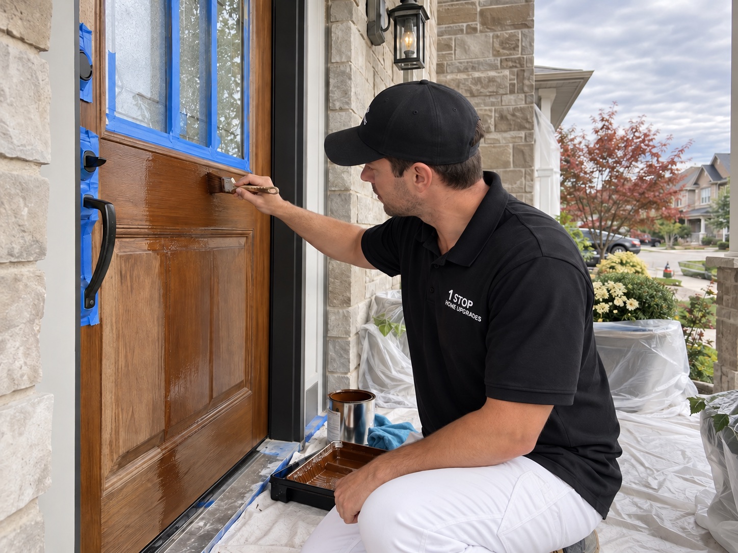 Illustrative scene of a painter brushing a masked front door