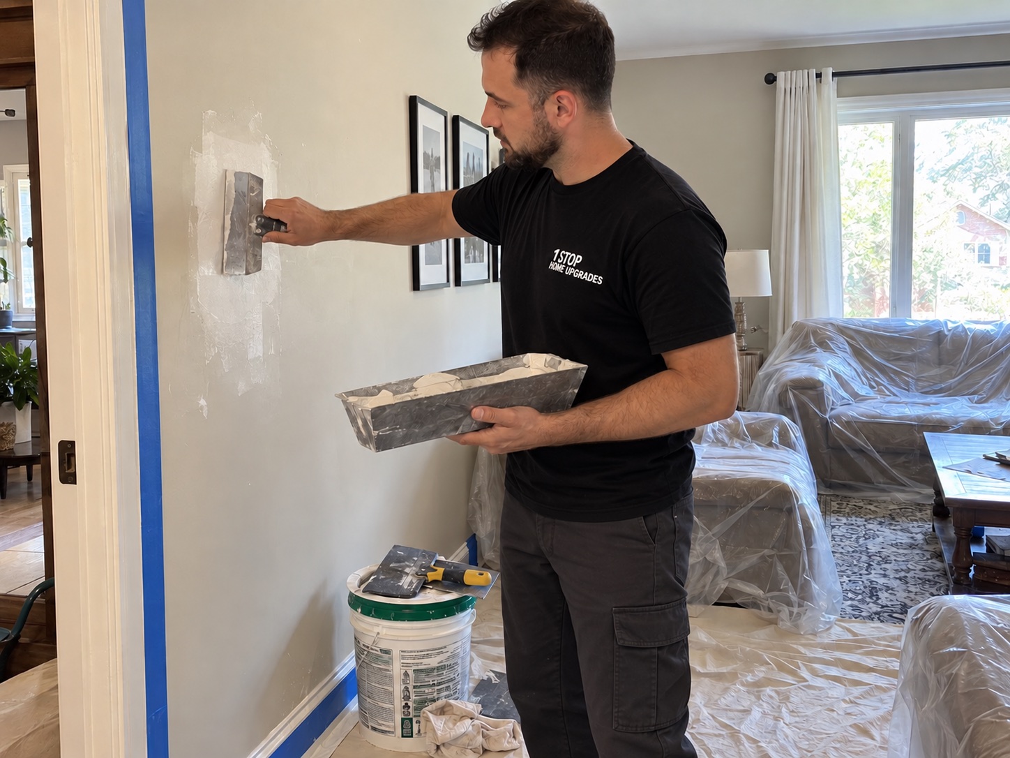 Illustrative scene of a worker smoothing a drywall patch in a protected room
