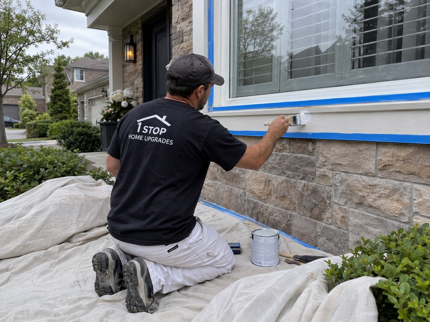Illustrative scene of a painter brushing masked exterior window trim