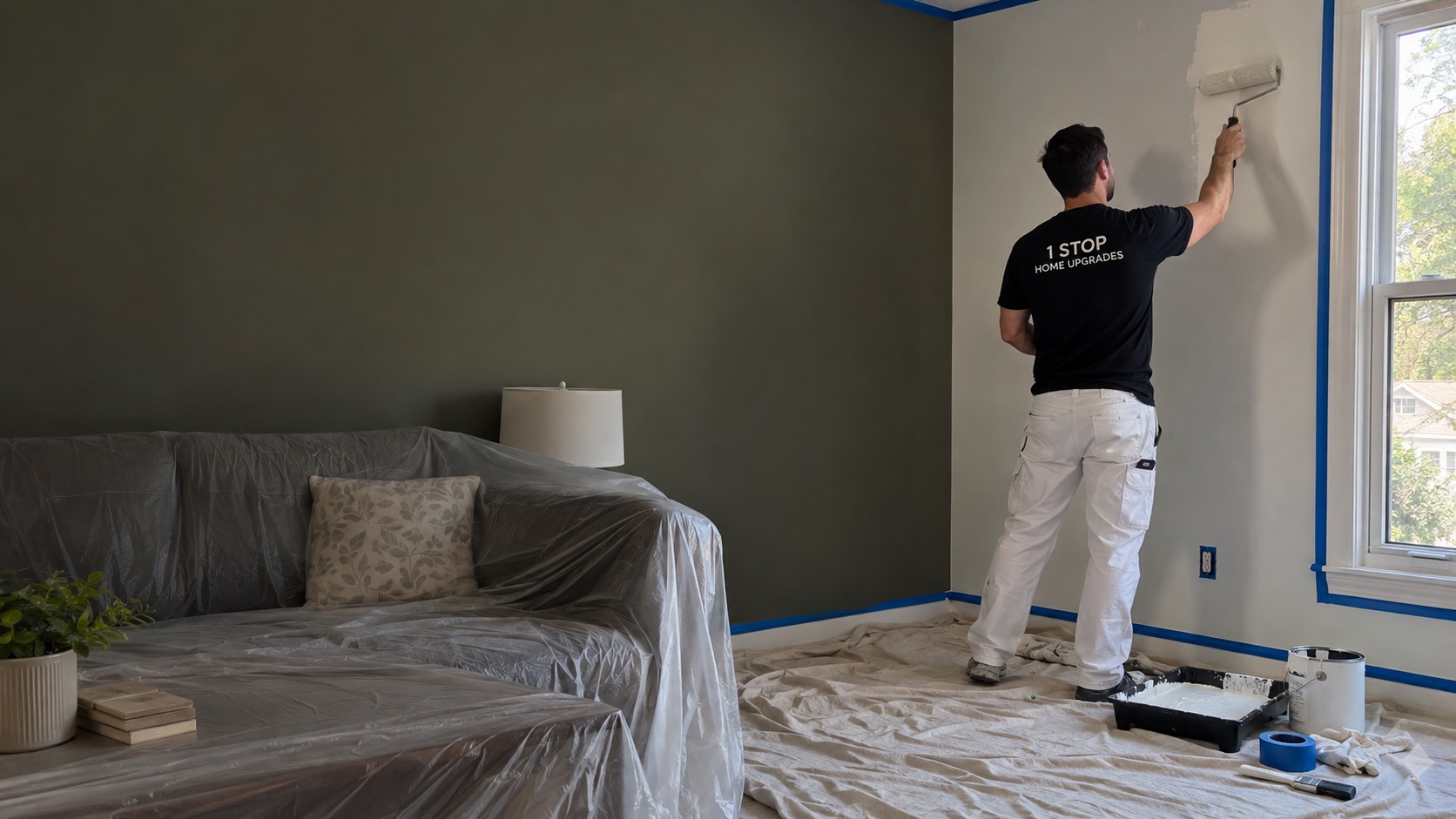 Illustrative scene of a painter at work in a protected living room