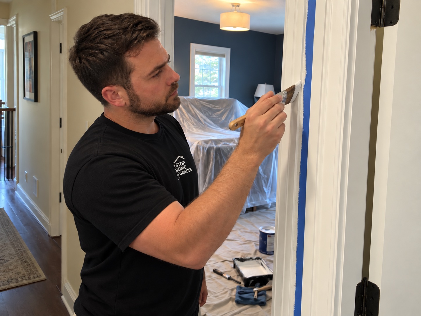 Illustrative scene of a painter working on interior trim
